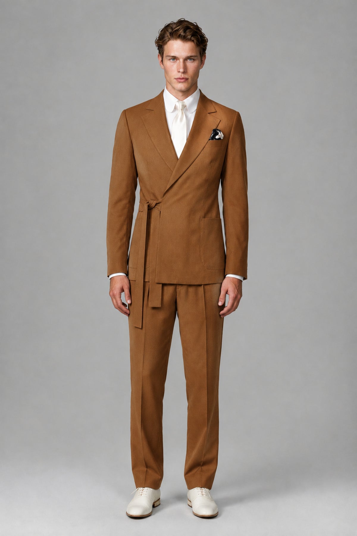 Bolodoo Men's Burnt Orange Wrap Tie-Waist Two-Piece Suit – Jacket & Trousers - Burnt Orange - Burnt Orange_2