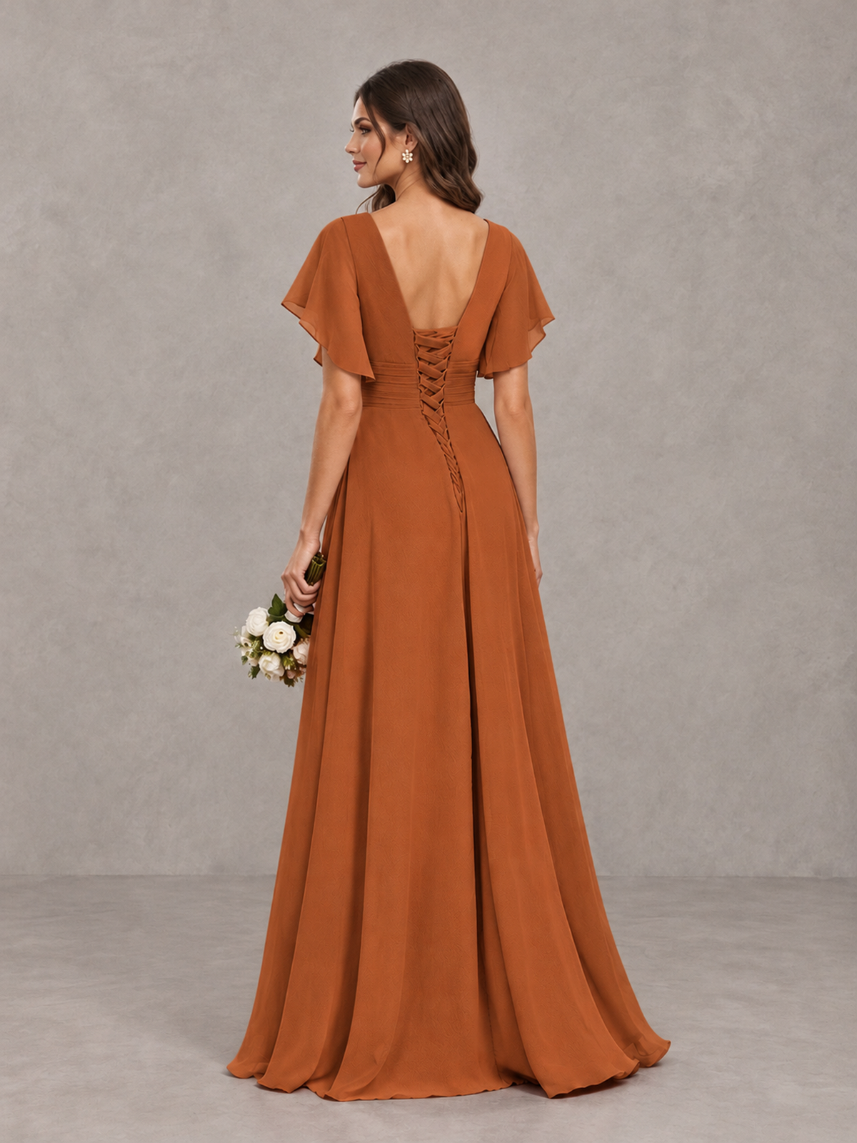 BOLODOO Burnt Orange Flutter Sleeve V-Neck Bridesmaid Dress with Ruffle Slit - Burnt Orange - Burnt Orange_2