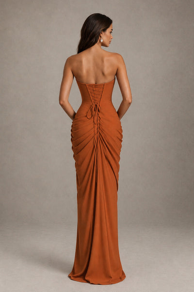 BOLODOO Strapless Draped Maxi Dress - Burnt Orange Backless Evening Gown with High Slit - Burnt Orange - Burnt Orange_2