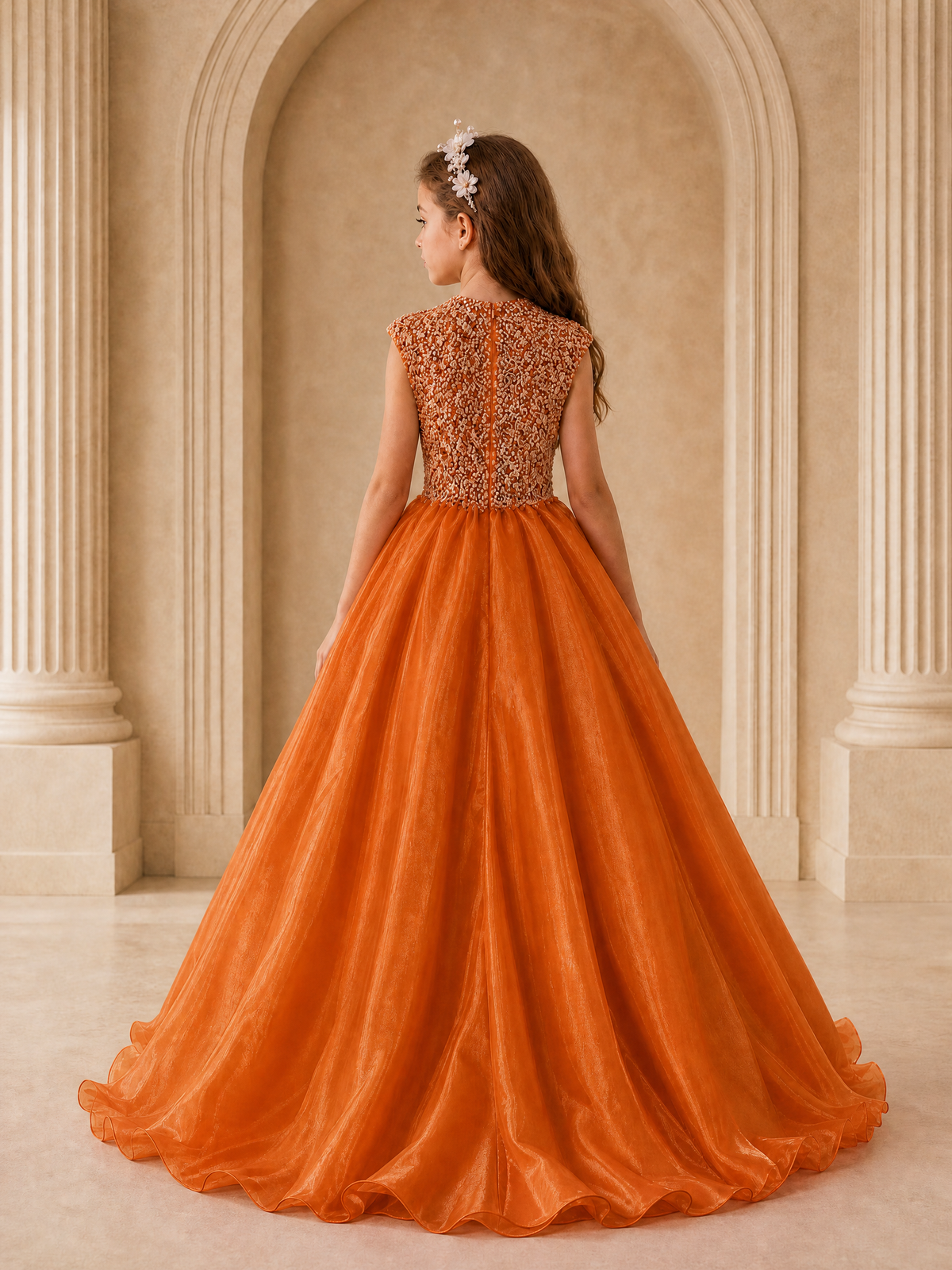 BOLODOO Burnt Orange Sequin Tulle Flower Girl Dress with Cap Sleeves - Burnt Orange - Burnt Orange_2