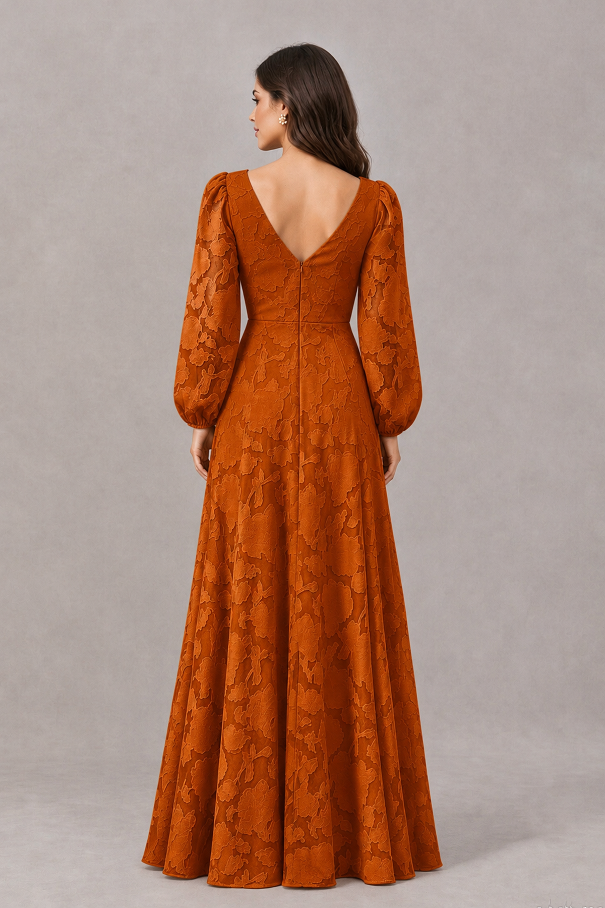 BOLODOO Burnt Orange Long Sleeve V-Neck A-Line Mother of the Bride Dress - Burnt Orange - Burnt Orange_2