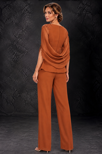 BOLODOO Burnt Orange Embellished Cape Sleeve Mother of the Bride Pantsuit - Burnt Orange - Burnt_Orange_2