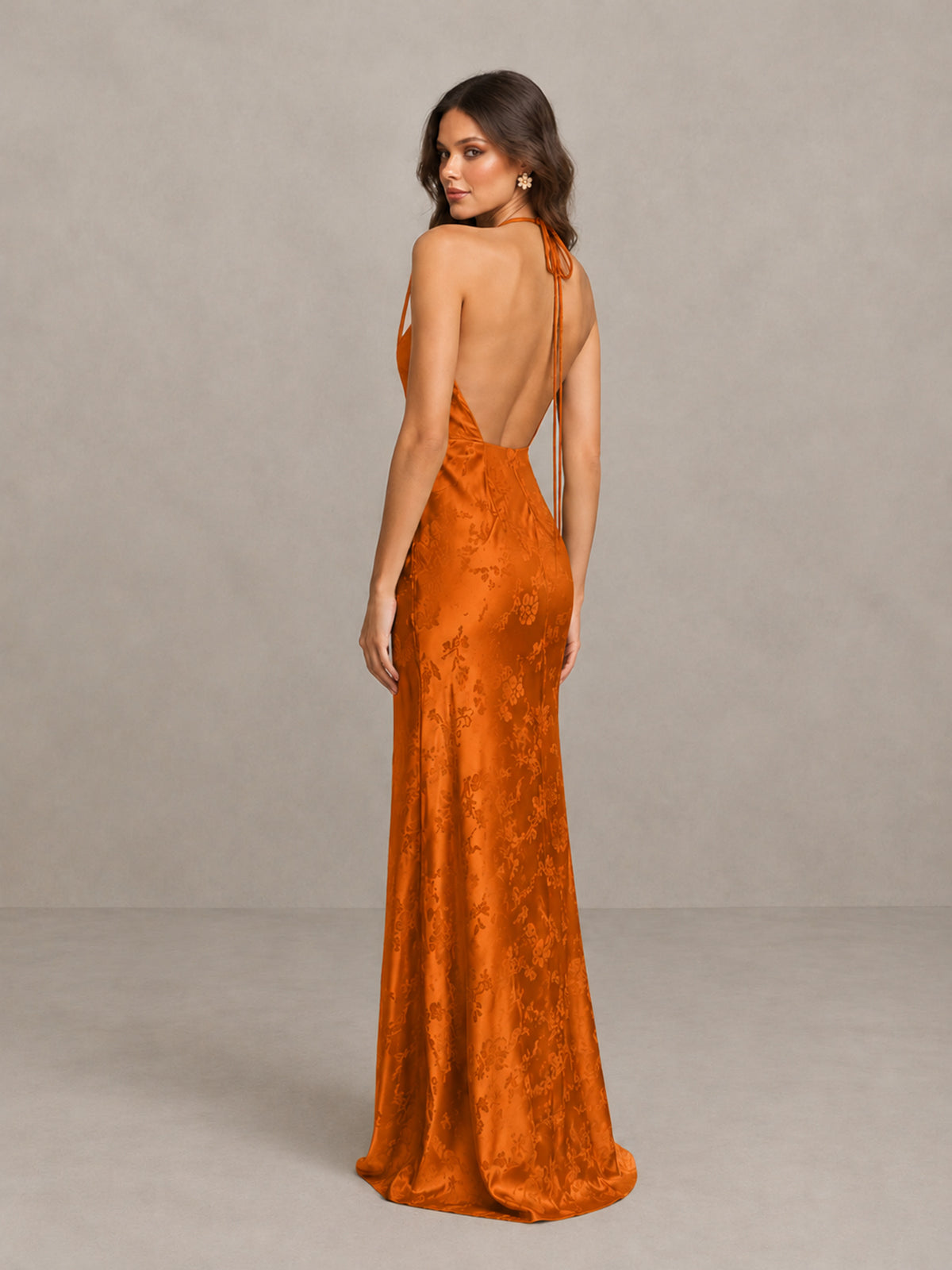 BOLODOO Burnt Orange Floral Satin Open-Back Bridesmaid Dress - Burnt Orange - Burnt Orange_2