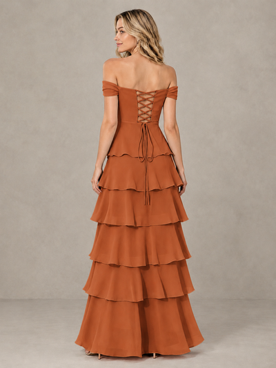BOLODOO Burnt Orange Off-Shoulder Tiered Ruffle Bridesmaid Dress with Lace-Up Back - Burnt Orange - Burnt Orange_2