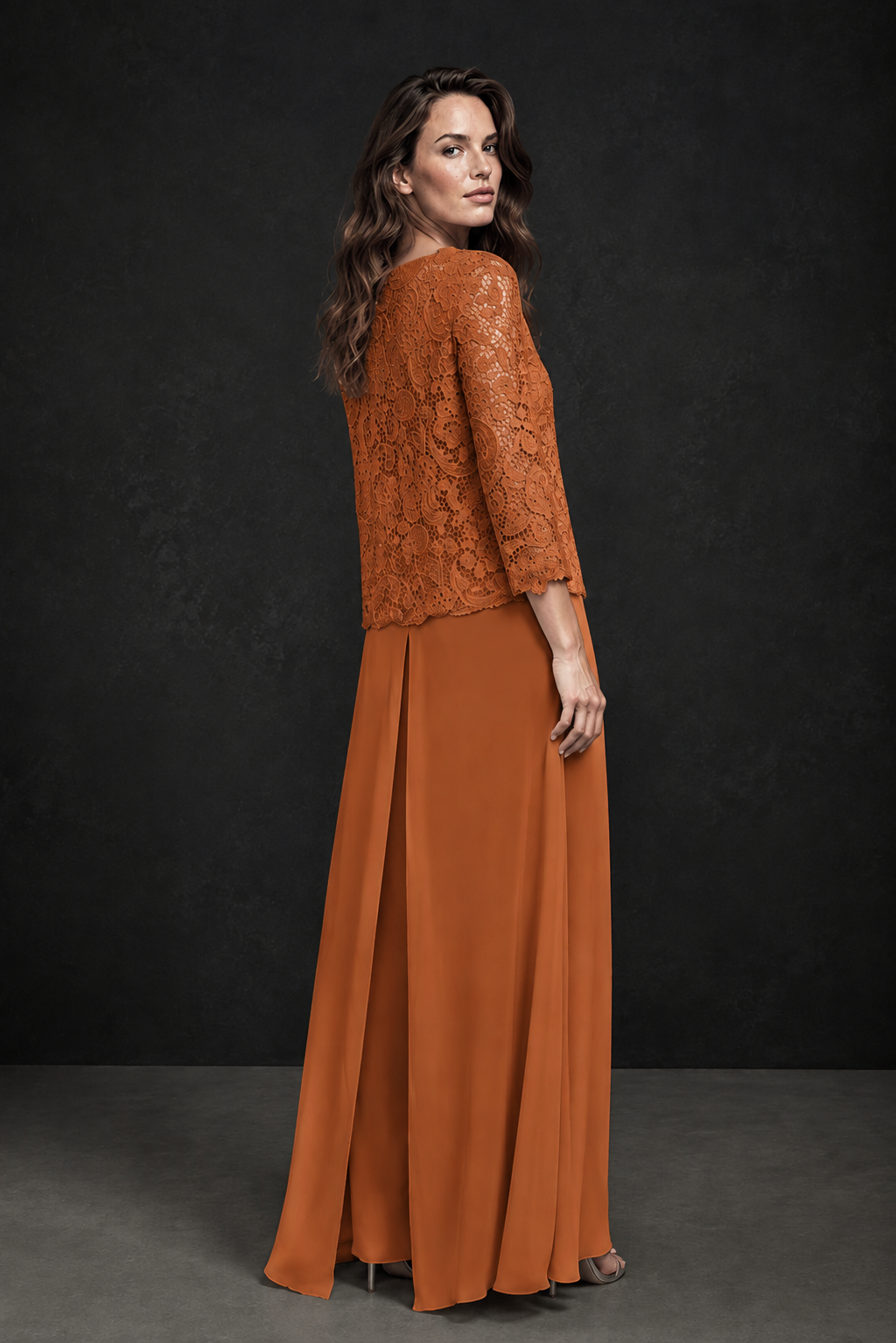 BOLODOO Burnt Orange Grey Lace Peplum Top & Wide-Leg Chiffon Pants Set | Mother of the Bride & Formal Evening Outfit - Burnt Orange