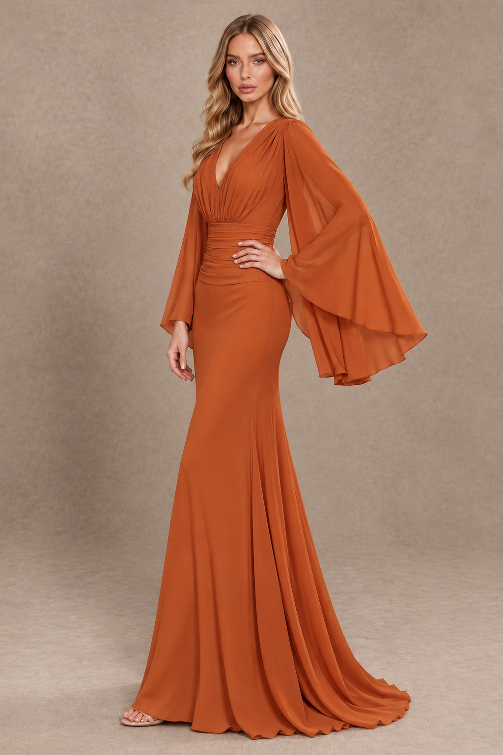 BOLODOO Burnt Orange Cape Sleeve V-Neck Ruched Chiffon Evening Dress - Burnt Orange - Burnt_Orange_2