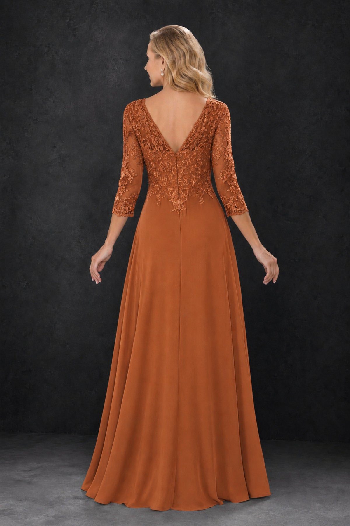 BOLODOO Burnt Orange Lace Embroidered Mother of the Bride Dress with 3/4 Sleeves - Burnt Orange