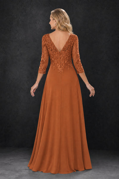 BOLODOO Burnt Orange Lace Embroidered Mother of the Bride Dress with 3/4 Sleeves - Burnt Orange