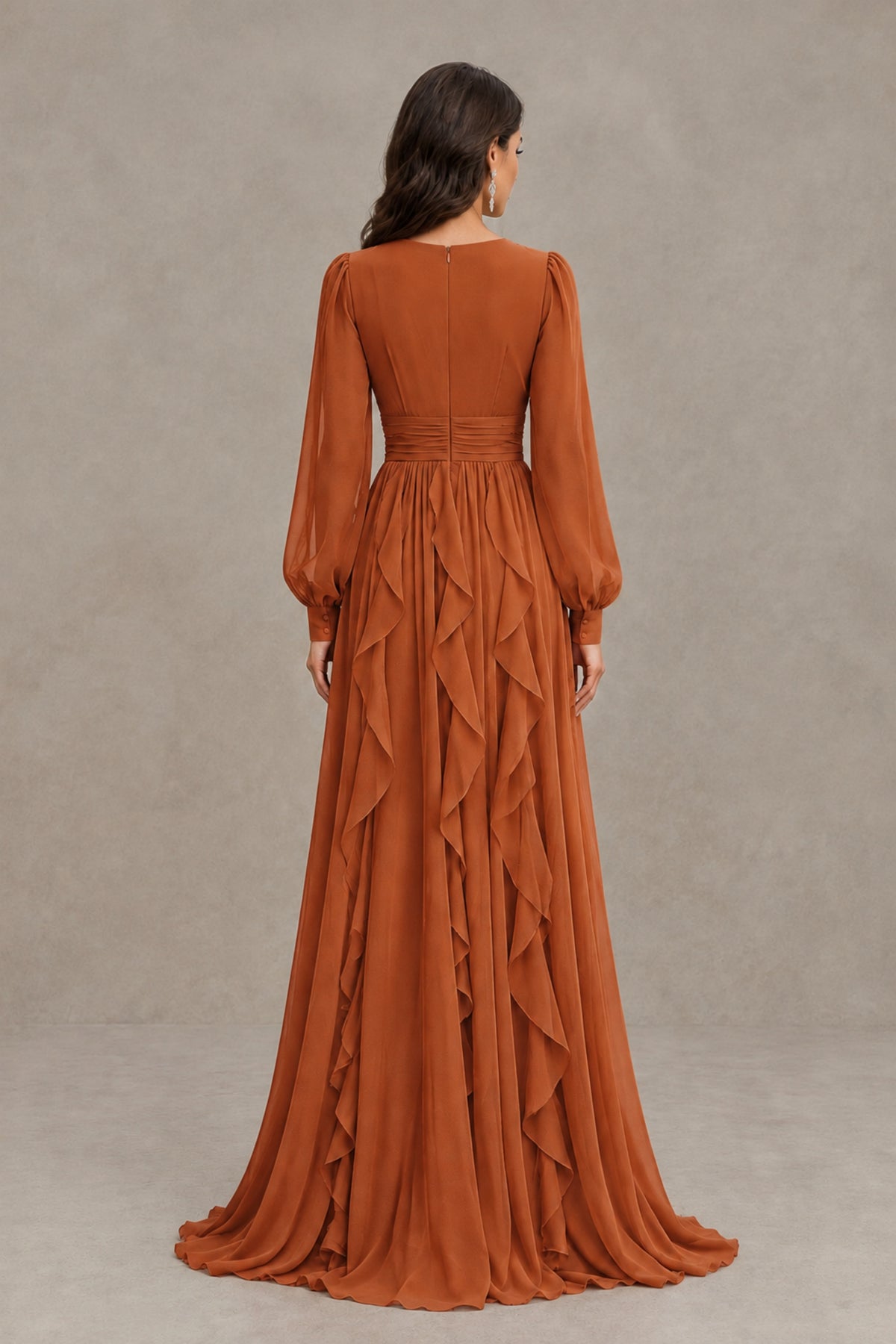 BOLODOO Burnt Orange Long Sleeve V-Neck Ruffle Maxi Dress - Burnt Orange