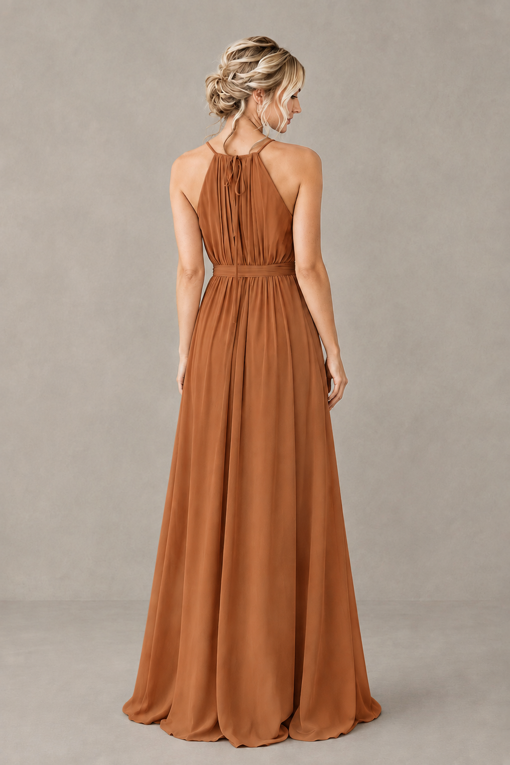 BOLODOO Burnt Orange Halter Chiffon Bridesmaid Dress with High Slit - Burnt Orange