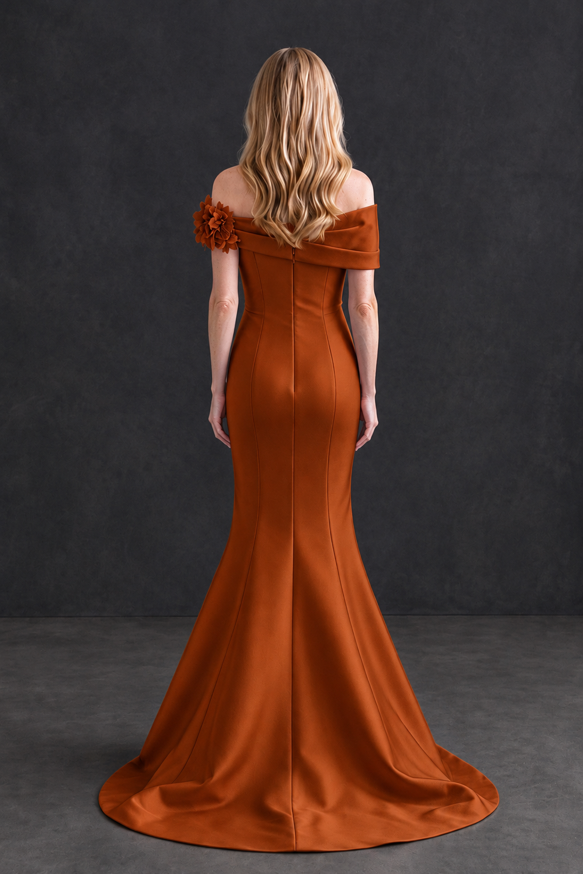 BOLODOO Burnt Orange Off-Shoulder Floral Mermaid Mother of the Bride Dress - Burnt Orange - Burnt Orange_2