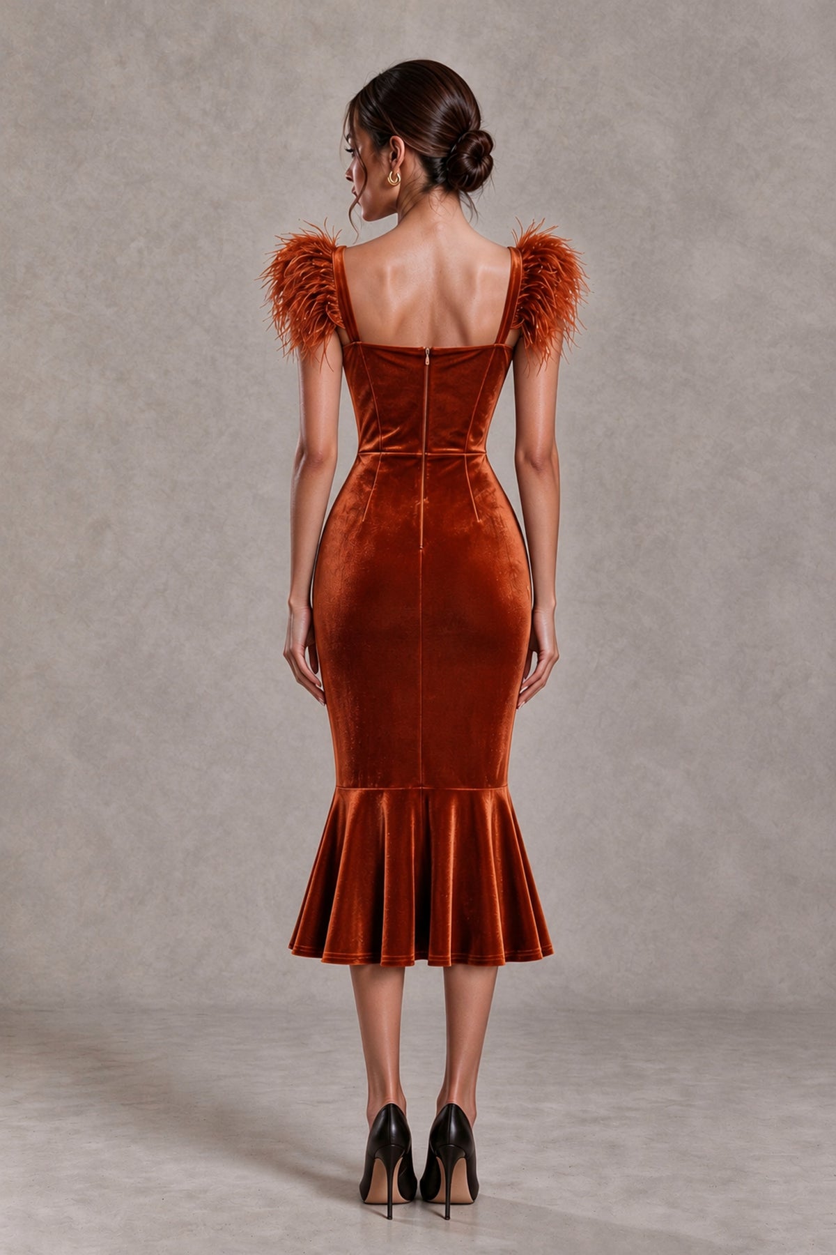 BOLODOO Burnt Orange Feather-Trim Velvet-Look Mermaid Midi Dress - Burnt Orange - Burnt Orange_2