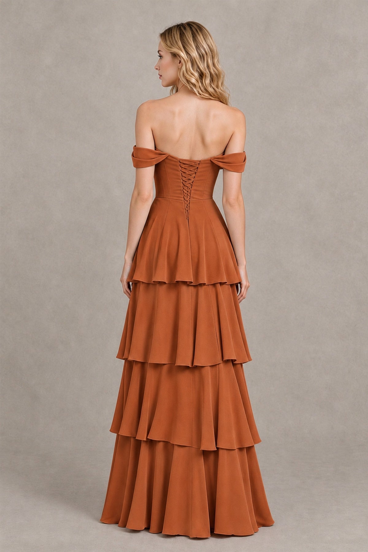BOLODOO Burnt Orange Off-the-Shoulder Tiered A-Line Evening Bridesmaid Dress - Burnt Orange - Burnt Orange_2