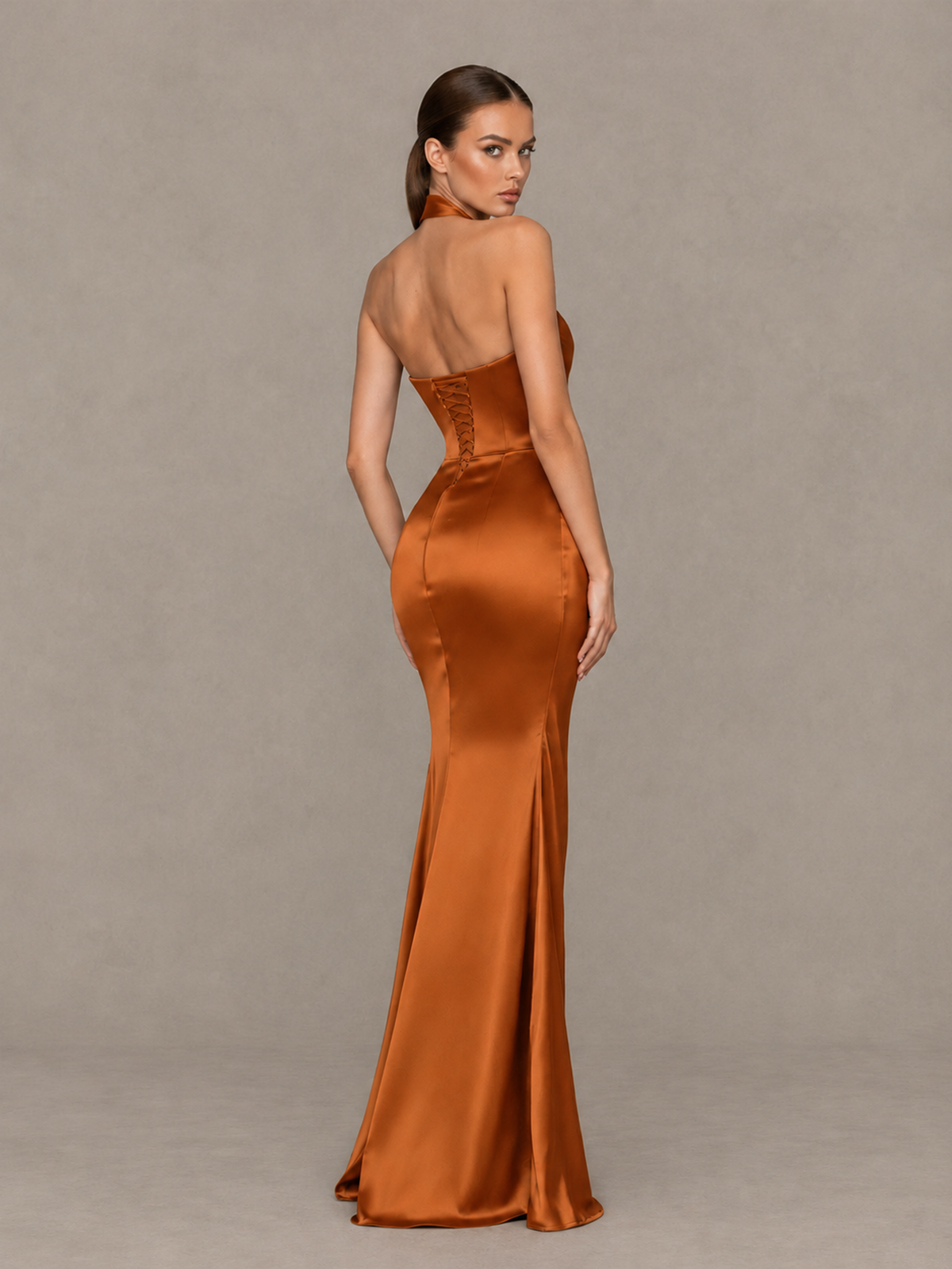 BOLODOO Burnt Orange Cross-Halter Ruched Satin-Look Evening Gown with High Slit - Burnt Orange - Burnt Orange_2