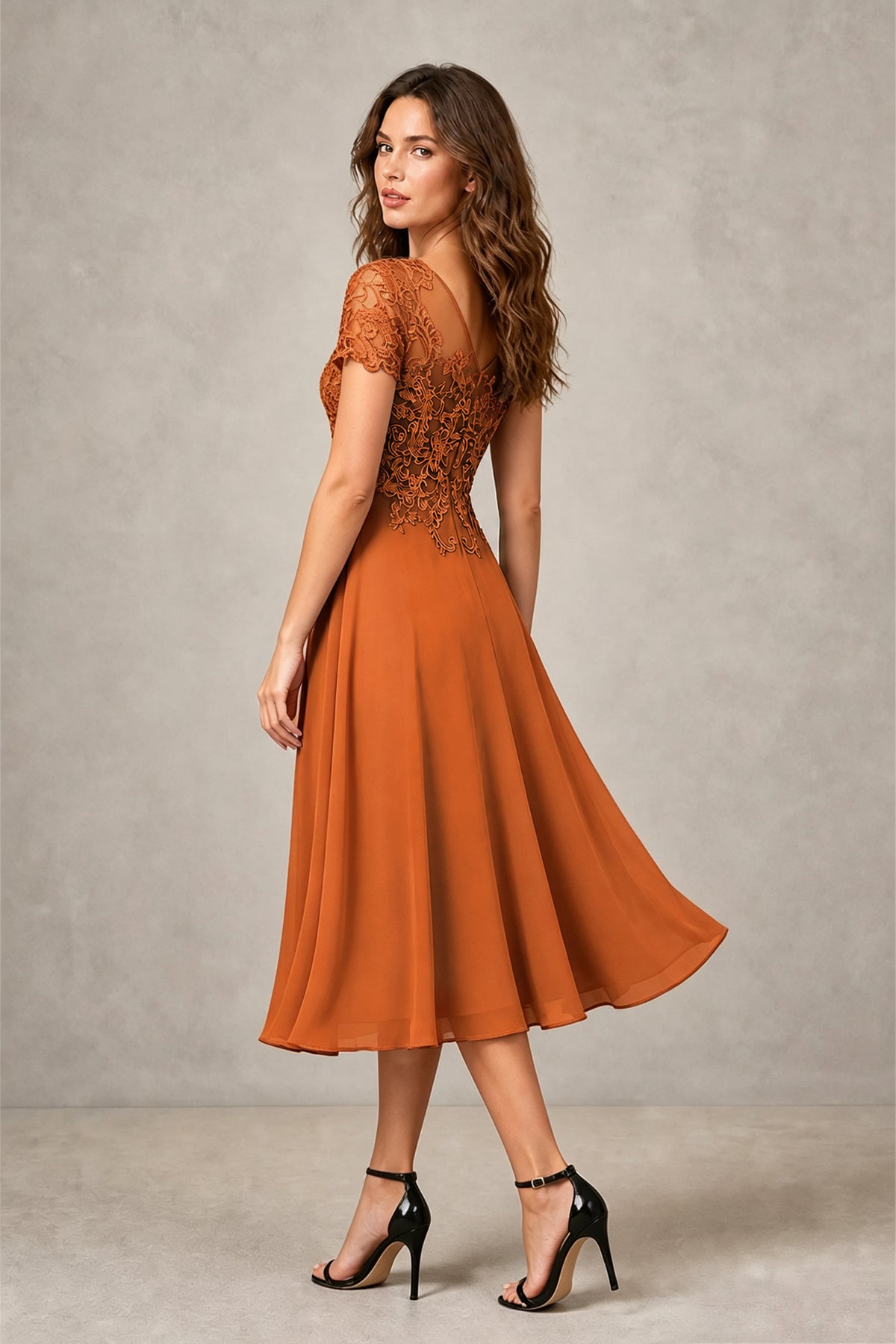 BOLODOO Steel Burnt Orange Beaded Lace Illusion Bodice Chiffon Tea-Length Dress | Mother of the Bride & Cocktail Party - Burnt Orange