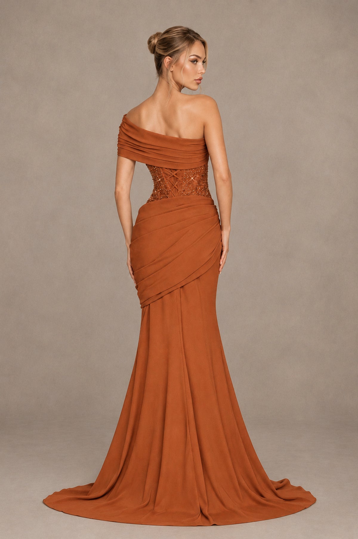 BOLODOO Burnt Orange One-Shoulder Sequin Embroidered Ruched Mermaid Gown with Train - Burnt Orange - Burnt Orange_2