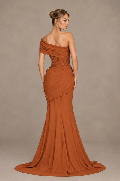BOLODOO Burnt Orange One-Shoulder Sequin Embroidered Ruched Mermaid Gown with Train - Burnt Orange - Burnt Orange_2