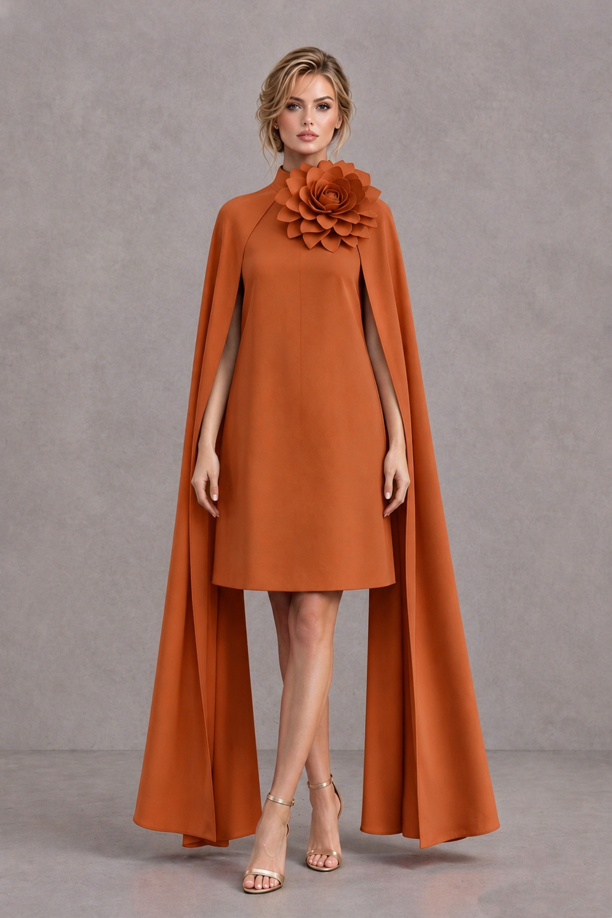 BOLODOO Burnt Orange High Neck Floral Cape Mini Cocktail Dress - Burnt Orange - Burnt Orange_2