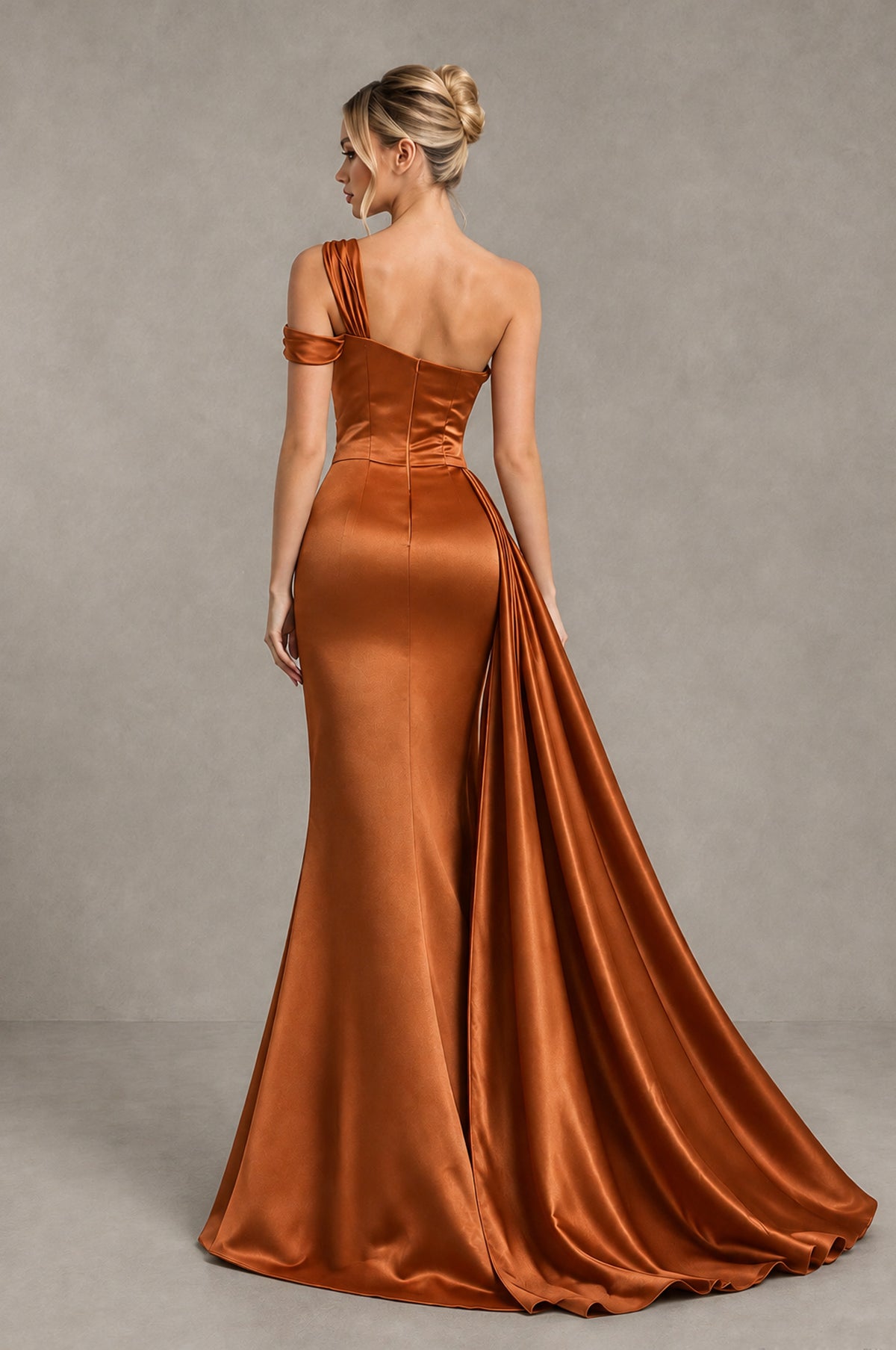BOLODOO Burnt Orange Asymmetric Ruched Formal Evening Dress - Burnt Orange - Burnt Orange_2