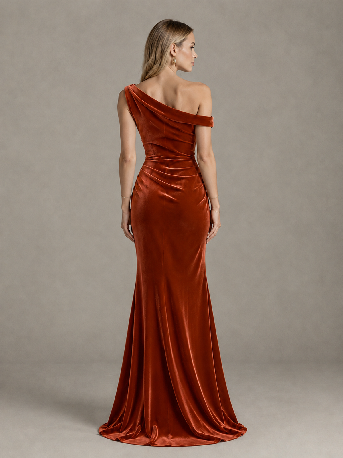 BOLODOO Burnt Orange One-Shoulder Velvet Mermaid Evening Gown - Burnt Orange - Burnt Orange_2