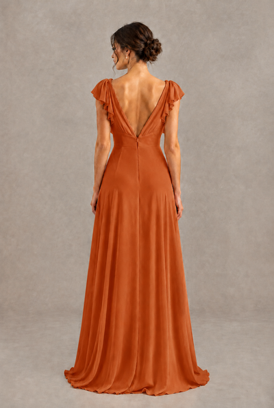 BOLODOO Burnt Orange V-Neck Flutter Sleeve A-Line Bridesmaid Dress - Burnt Orange - Burnt Orange_2