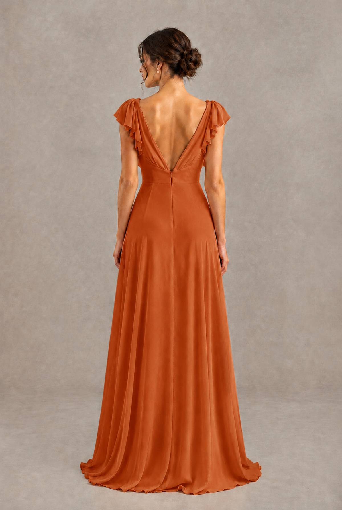 BOLODOO Burnt Orange V-Neck Flutter Sleeve A-Line Bridesmaid Dress - Burnt Orange - Burnt Orange_2