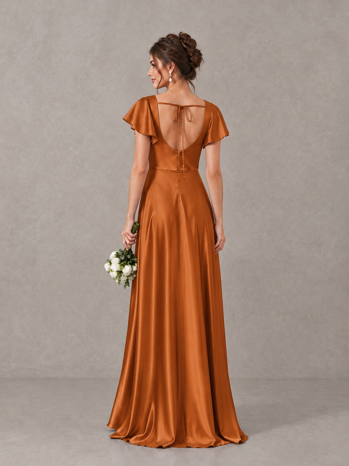 BOLODOO Burnt Orange Satin Square Neck Flutter Sleeve A-Line Bridesmaid Dress with Slit - Burnt Orange - Burnt Orange_2