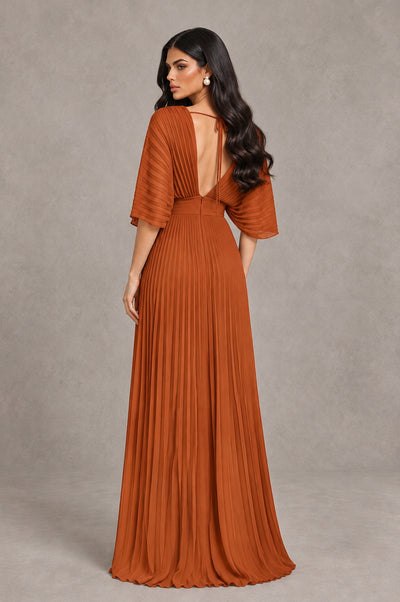 BOLODOO Burnt Orange V-Neck Pleated Flutter Sleeve Formal Dress - Burnt Orange - Burnt Orange_2