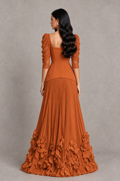 BOLODOO Burnt Orange Square Neck Pleated Floral Applique Evening Dress - Burnt Orange - Burnt Orange_2