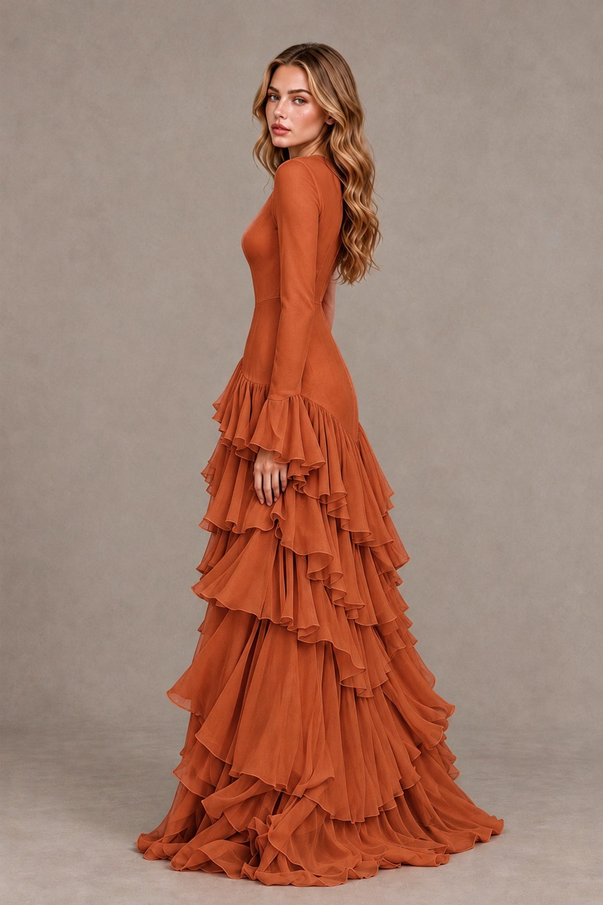 Burnt Orange Long Sleeve Tiered Ruffle Evening Gown - Burnt Orange - Burnt Orange_2