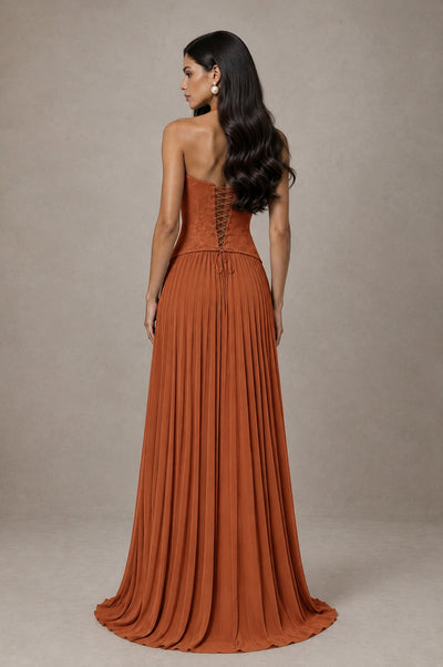 BOLODOO Burnt Orange Halter Corset Pleated A-Line Evening Dress - Burnt Orange - Burnt Orange_2