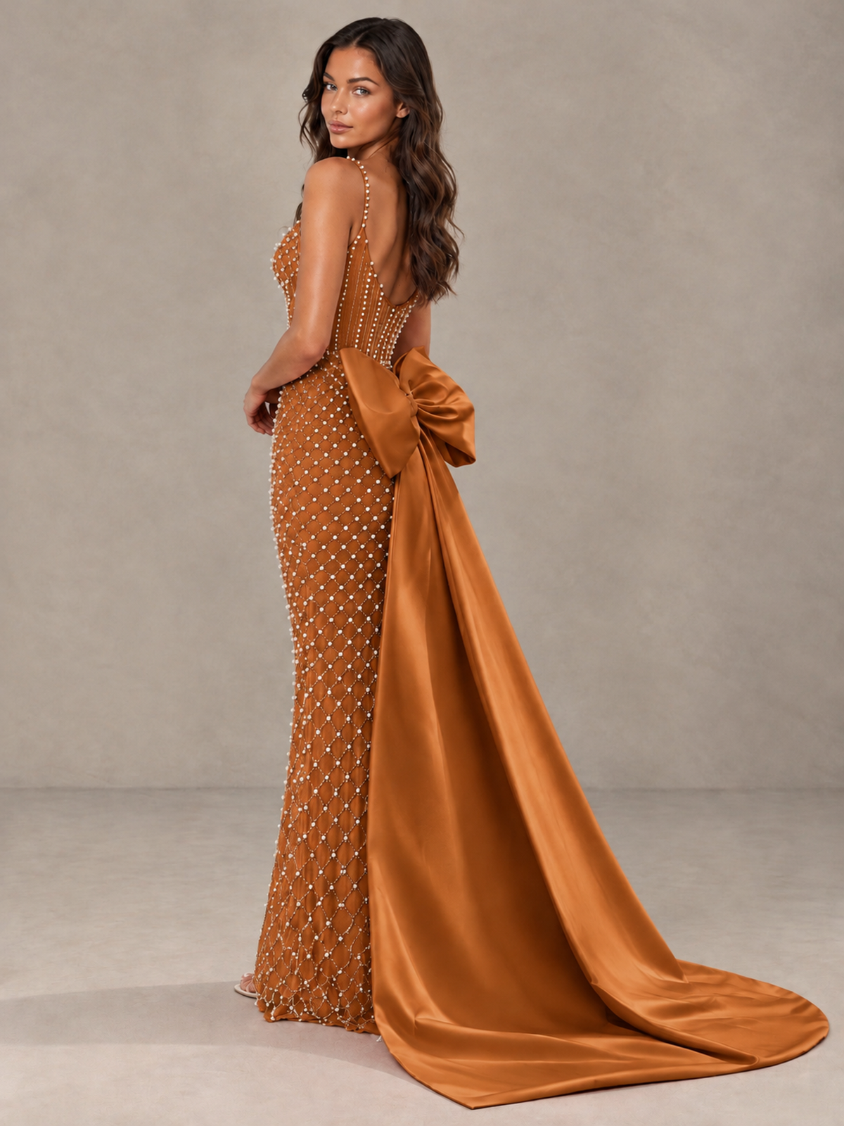 BOLODOO Burnt Orange Beaded Corset Prom Dress with Bow Train - Burnt Orange - Burnt_Orange_2