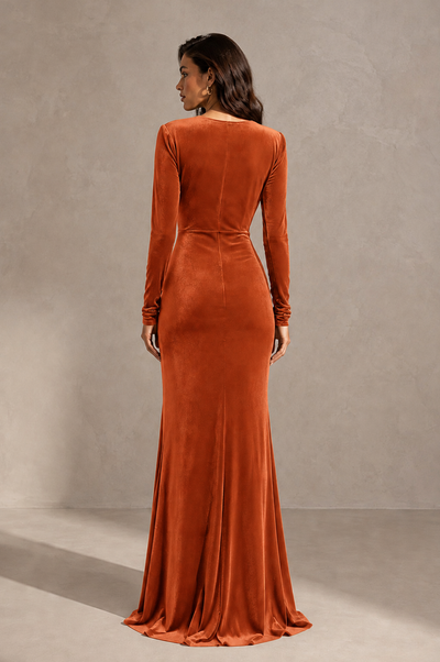 BOLODOO Burnt Orange Velvet Long Sleeve V-Neck Ruched Evening Gown - Burnt Orange