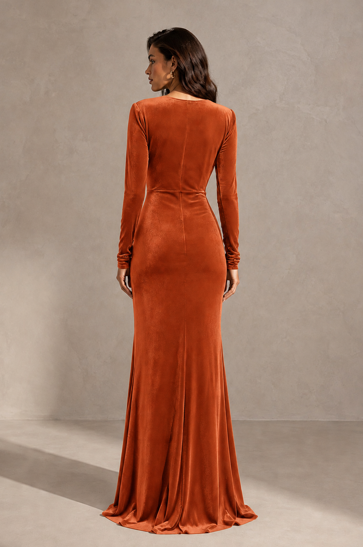 BOLODOO Burnt Orange Velvet Long Sleeve V-Neck Ruched Evening Gown - Burnt Orange