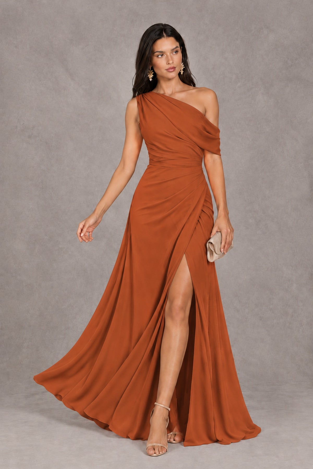 Burnt Orange One-Shoulder Floor-Length Evening Gown with High Slit - Burnt Orange