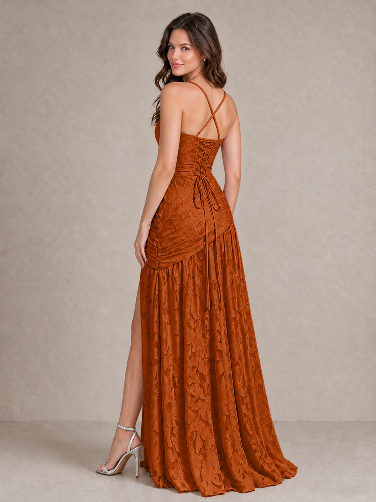 BOLODOO Burnt Orange Floral Jacquard Bridesmaid Dress with Square Neck, Lace-Up Back & High Slit - Burnt Orange - Burnt Orange_2