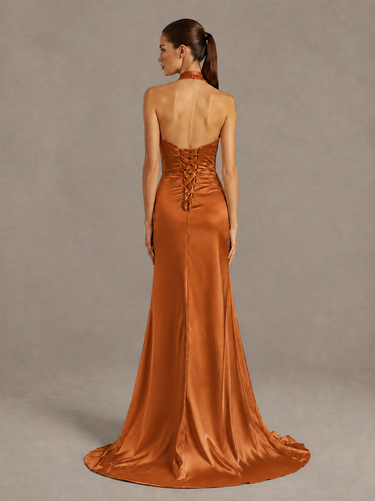 BOLODOO Burnt Orange Halter Satin Evening & Prom Dress with High Slit - Burnt Orange - Burnt Orange_2