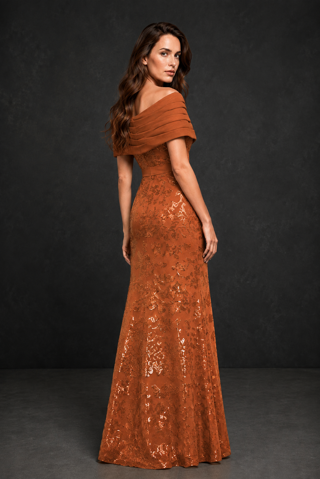 BOLODOO Burnt Orange Off-Shoulder Sequin Lace Mermaid Evening Gown | Mother of the Bride Formal Dress - Burnt Orange