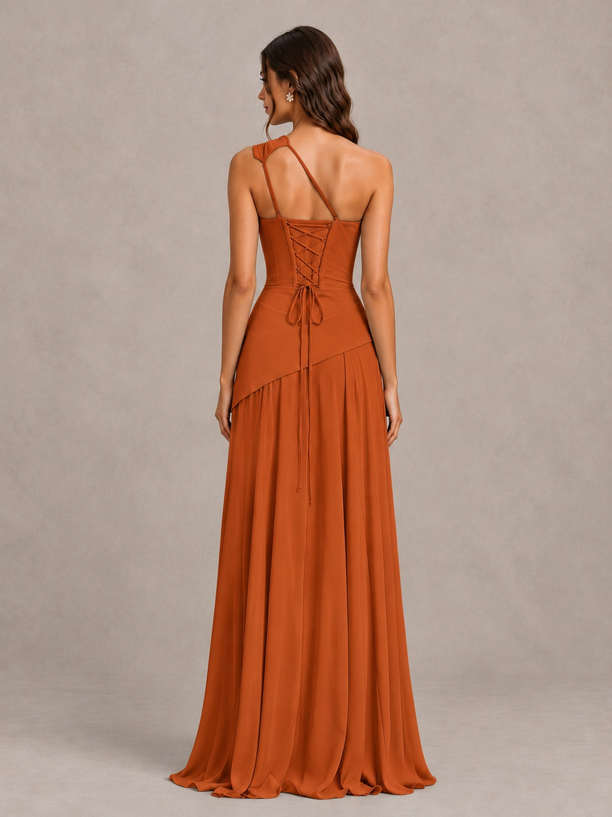 BOLODOO Burnt Orange One-Shoulder Lace-Up Back Bridesmaid Dress - Burnt Orange - Burnt Orange_2