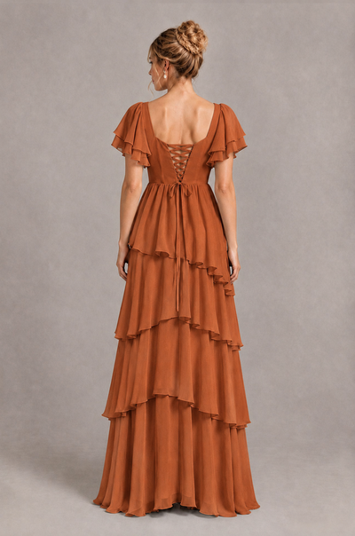 BOLODOO Burnt Orange Square Neck Flutter Sleeve Tiered Chiffon Bridesmaid Dress with Lace-Up Back - Burnt Orange - Burnt Orange_2