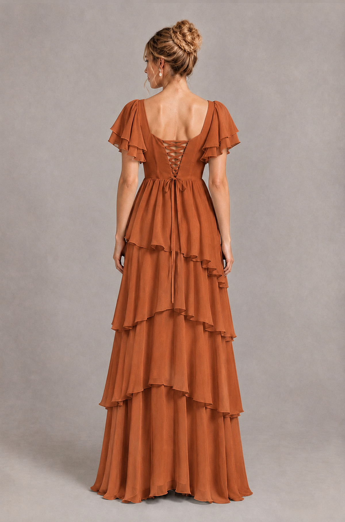 BOLODOO Burnt Orange Square Neck Flutter Sleeve Tiered Chiffon Bridesmaid Dress with Lace-Up Back - Burnt Orange - Burnt Orange_2