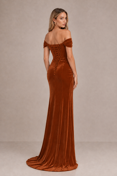 BOLODOO Burnt Orange Velvet Off-Shoulder Ruched High Slit Evening Dress - Burnt Orange - Burnt_Orange_2