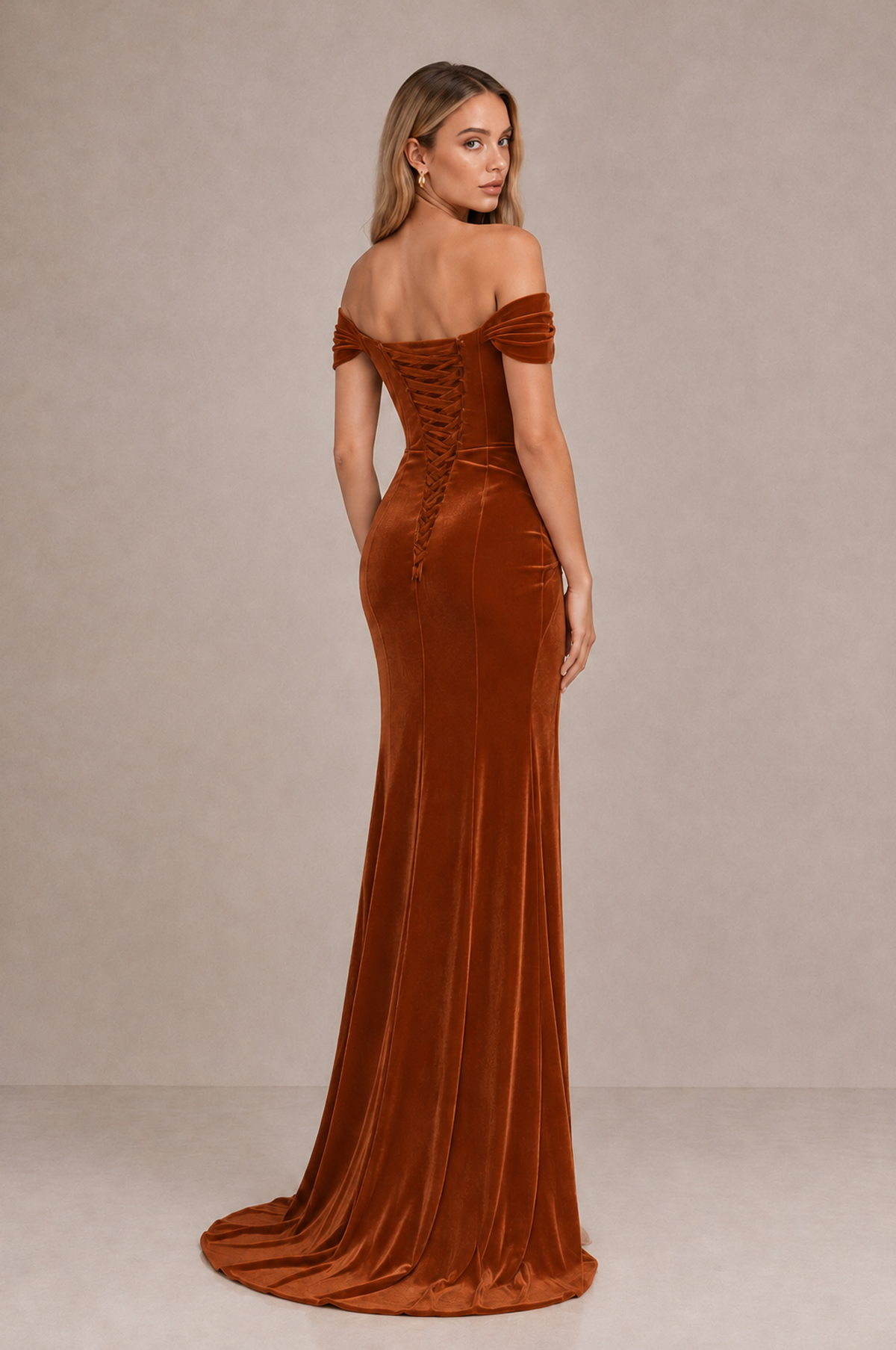 BOLODOO Burnt Orange Velvet Off-Shoulder Ruched High Slit Evening Dress - Burnt Orange - Burnt_Orange_2