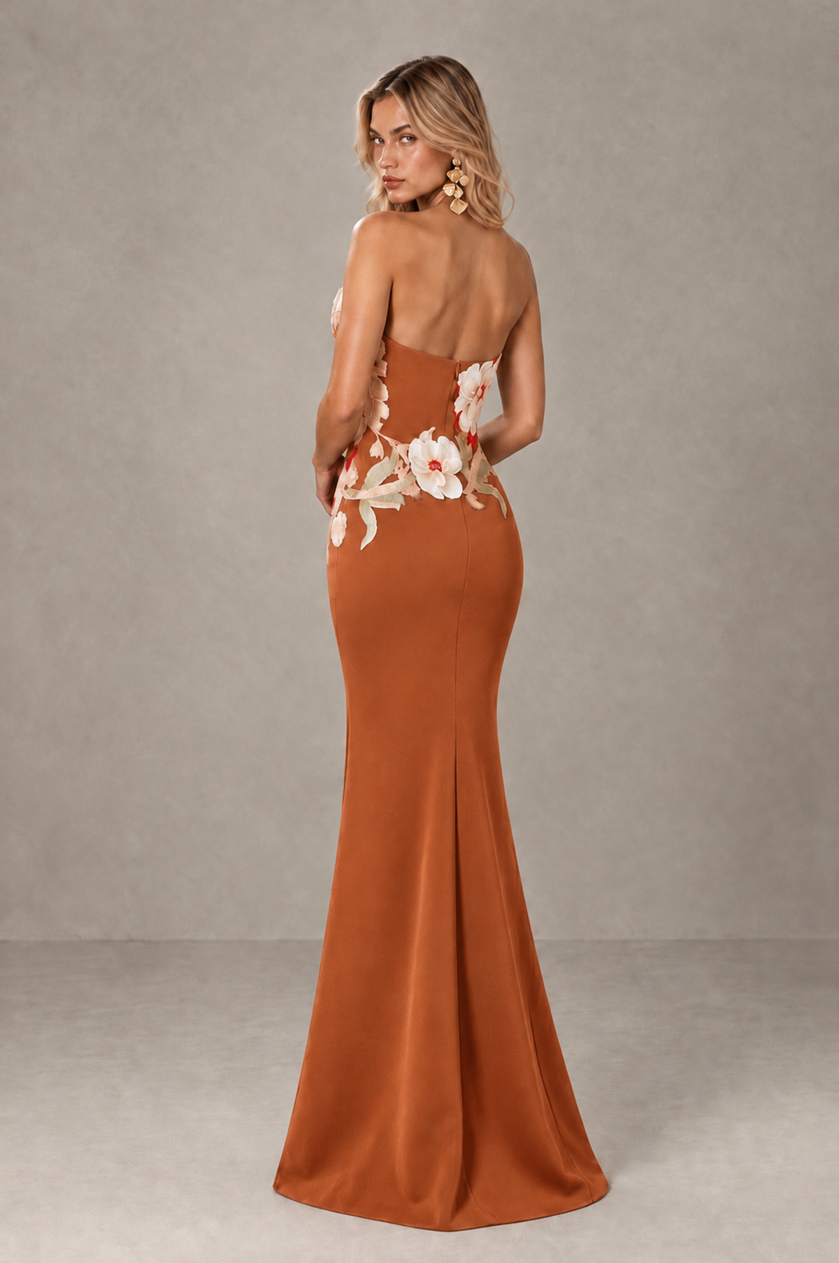 BOLODOO Burnt Orange Strapless Floral Mermaid Evening Dress with Slit - Burnt Orange - Burnt_Orange_2