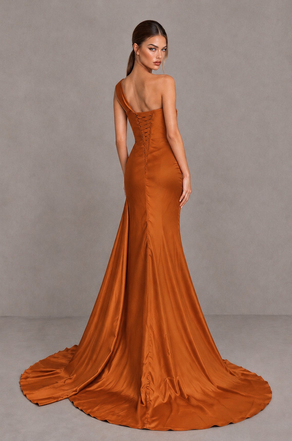 BOLODOO Burnt Orange One Shoulder Satin Mermaid Evening Dress with Ruched Slit Skirt - Burnt Orange - Burnt Orange_2