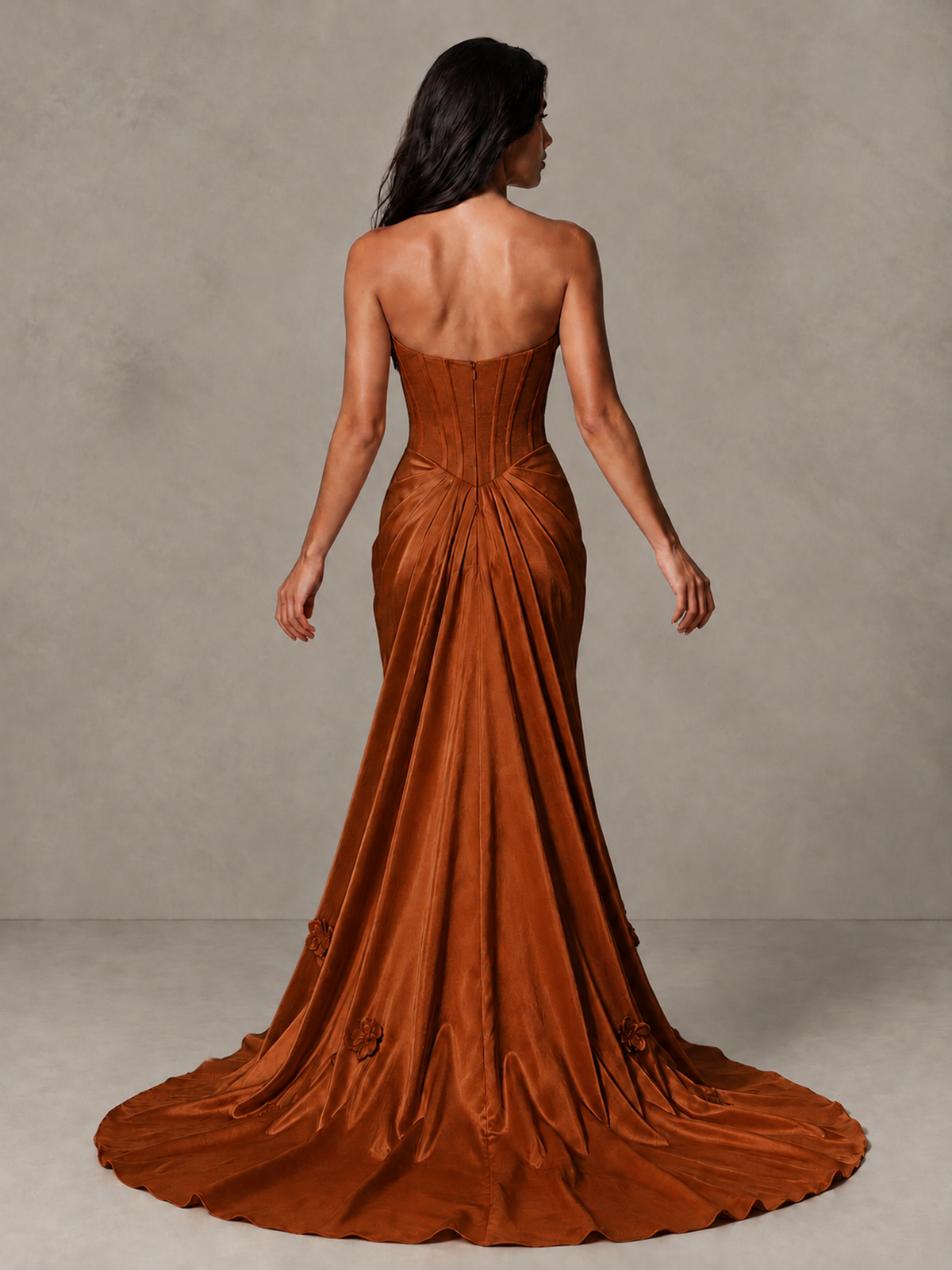 BOLODOO Burnt Orange Strapless Floral Corset Evening Gown with Train - Burnt Orange - Burnt Orange_2