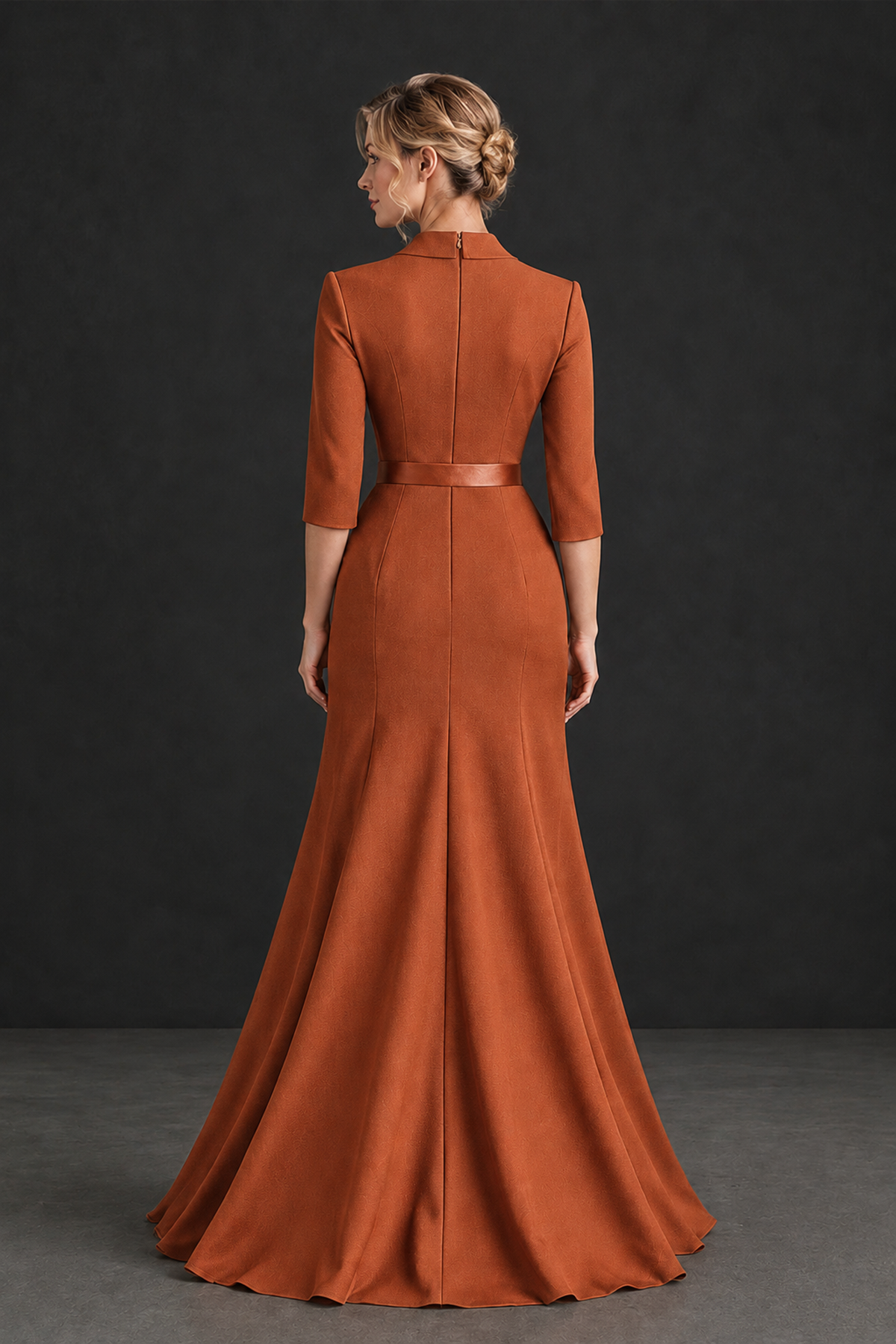BOLODOO Burnt Orange Lapel Ruffle Mother of the Bride Dress with Belt - Burnt Orange - Burnt Orange_2