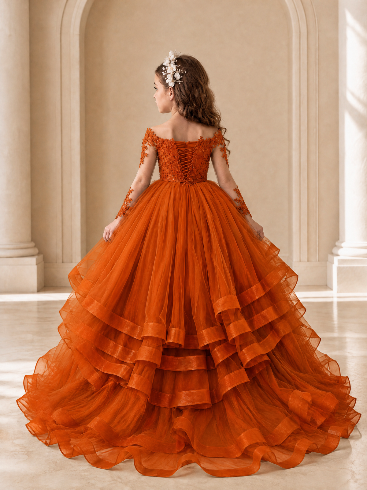 BOLODOO Burnt Orange Lace Long Sleeve Tiered Flower Girl Dress - Burnt Orange - Burnt_Orange_2