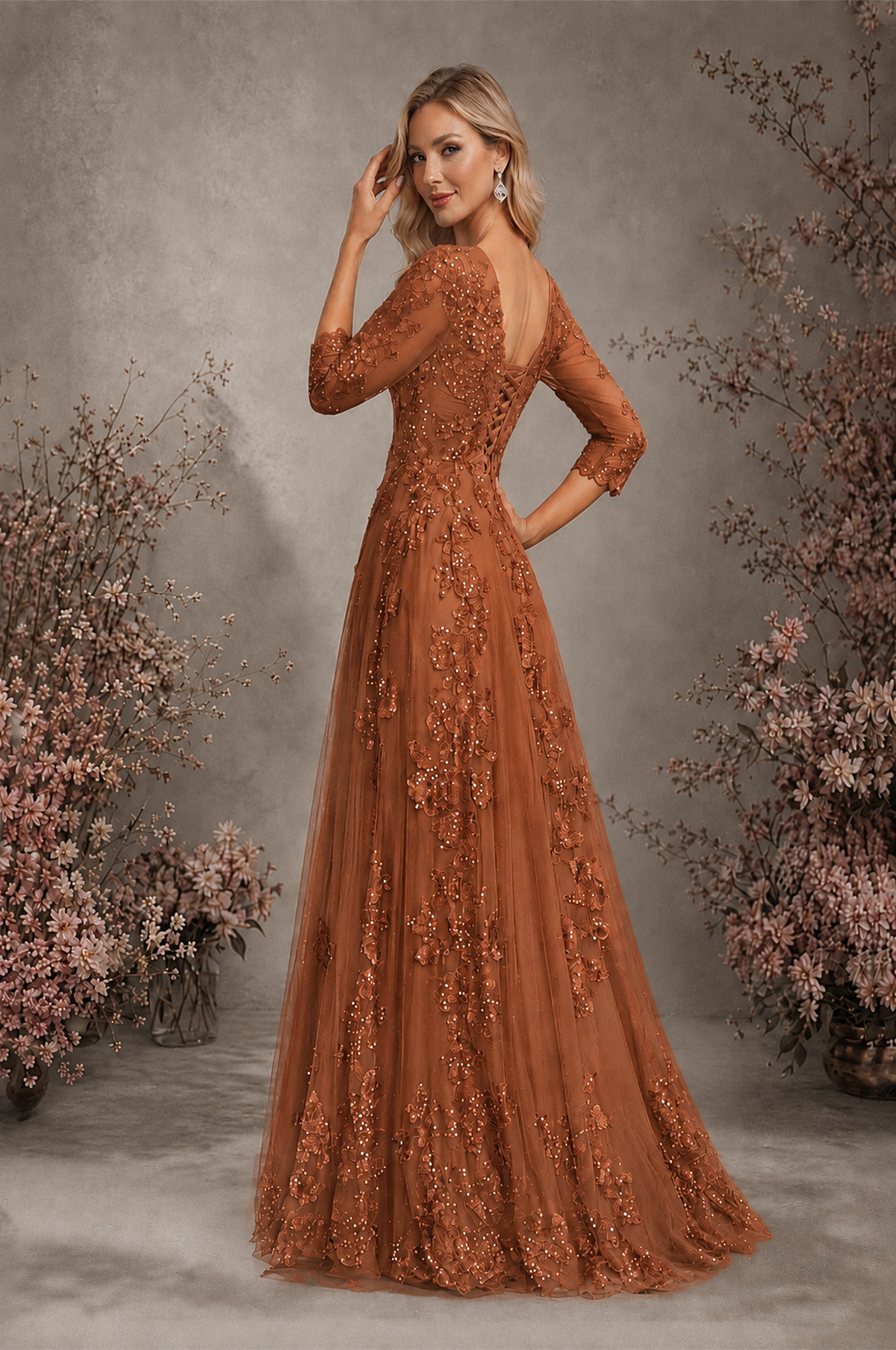 BOLODOO Burnt Orange Sequin Lace 3/4 Sleeve Open Back Formal Evening Gown - Burnt Orange