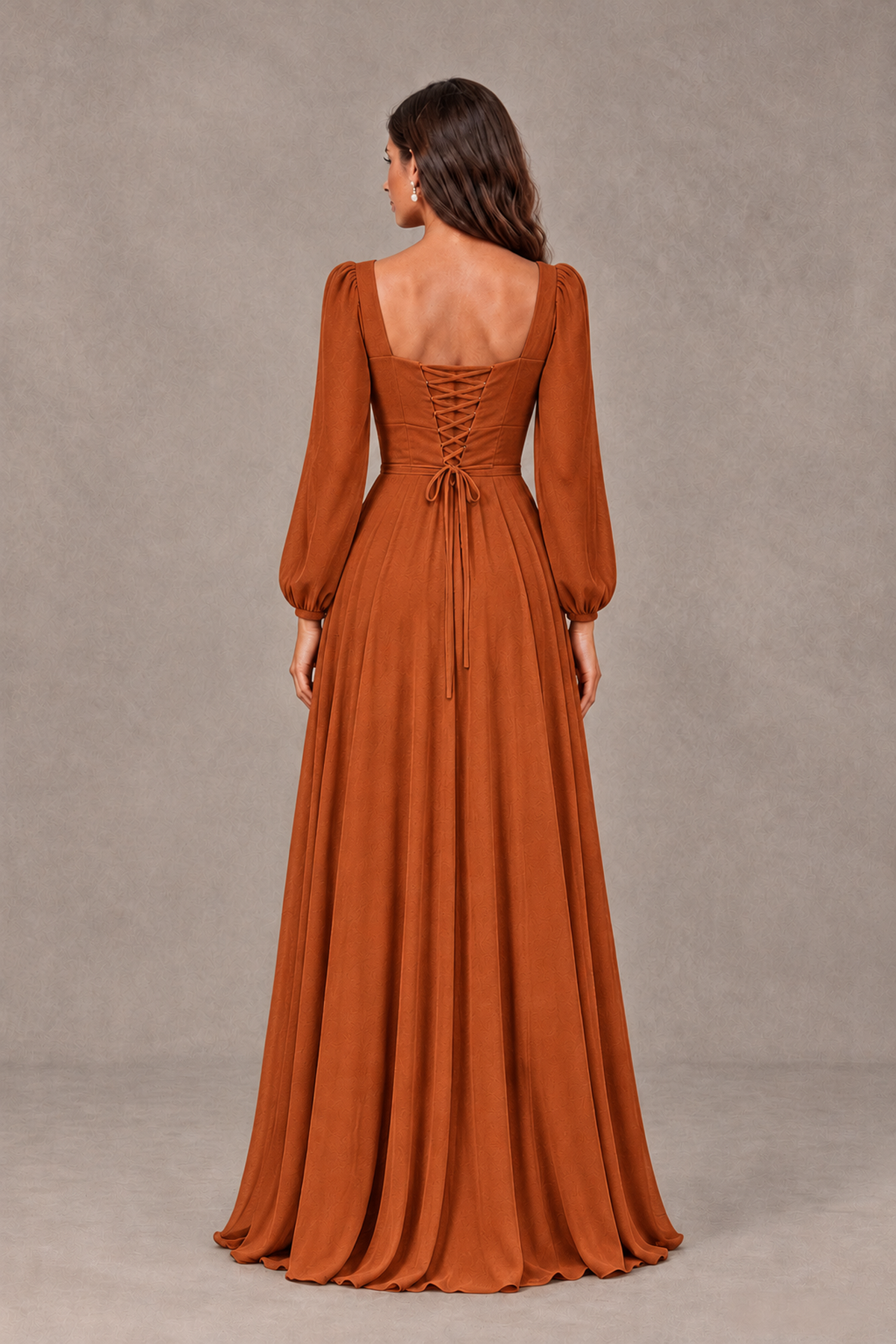 BOLODOO Burnt Orange Square Neck Long Sleeve A-Line Bridesmaid Dress - Burnt Orange - Burnt Orange_2